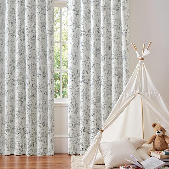 jinchan Grey Blackout Curtains 84 Inch Whimsical Back Tab 2 Panels | Room darkening,nursery kids bedroom,privacy,whimsical,cottagecore,bunny pattern,botanical,nature-inspired decor