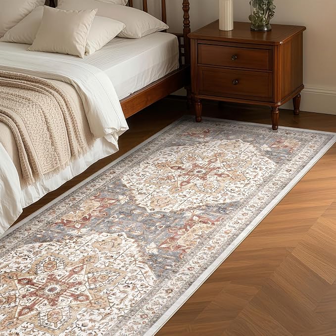 Tortania Area Rug 2x6 Runner Rugs - Washable Vintage Oriental Farmhouse Thin Indoor Carpet for Living Room Bedroom Hallway Entryway Kitchen Under Dining Table Home Office - Orange Multi
