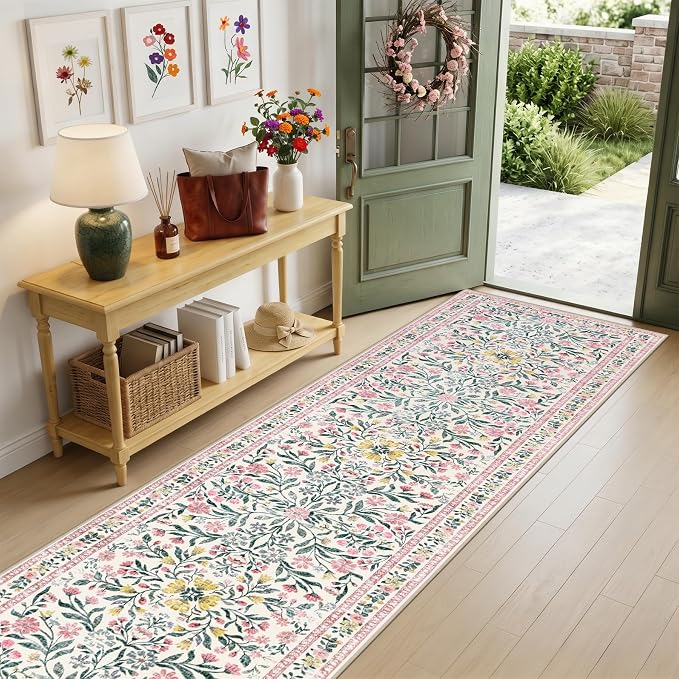Runner Rug for Entryway: 3x10 Kitchen Rugs Non Slip Washable Ultra-Thin Soft Floral Carpet Indoor Floor Stain Resistant Carpets for Hallway Bedroom Kitchen Laundry Bathroom Dorm Pink/Green