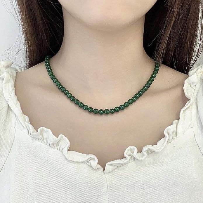 Kakikaki Natural Agate Choker Necklace Sterling Silver Round Beads Strand Necklace for Women