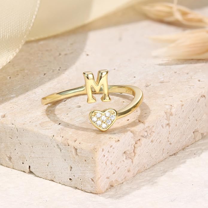 MILACOLATO 925 Sterling Silver Initial Rings for Women Teen Girl 18K Gold Plated Heart Initial Rings Adjustable Capital Letter Ring Stackable Thumb Pinky Rings for Daughter Birthday Bridesmaid Gifts Jewelry, A to Z