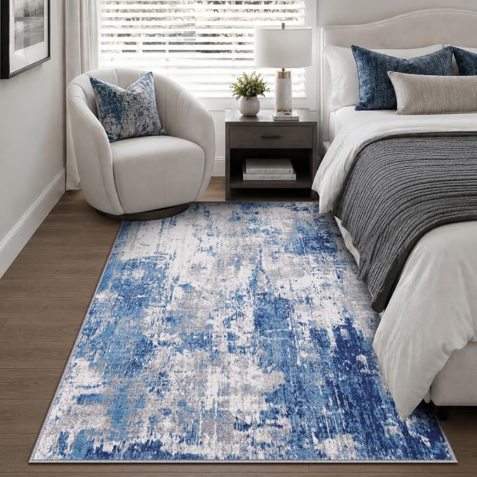 RELEANY Washable Area Rugs 4'x6' Non-Slip Modern Abstract Soft for Living Room Entryway Bedroom Kitchen, Print Pattern, Blue Grey Navy Gray