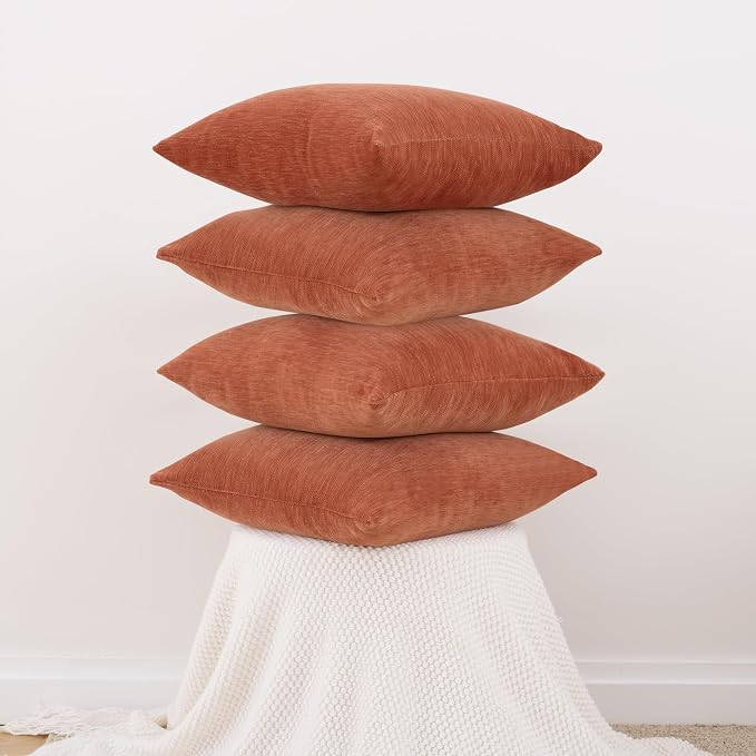 Set of 4 Rust Red Throw Pillow Covers 12x20 Inch, Neutral Boho Farmhouse Aesthetic Decorative Pillow Cases for Couch, Sofa, Living Room & Bed, Soft Chenille Pillow Cases, Stylish Home Decor, 30x50 cm