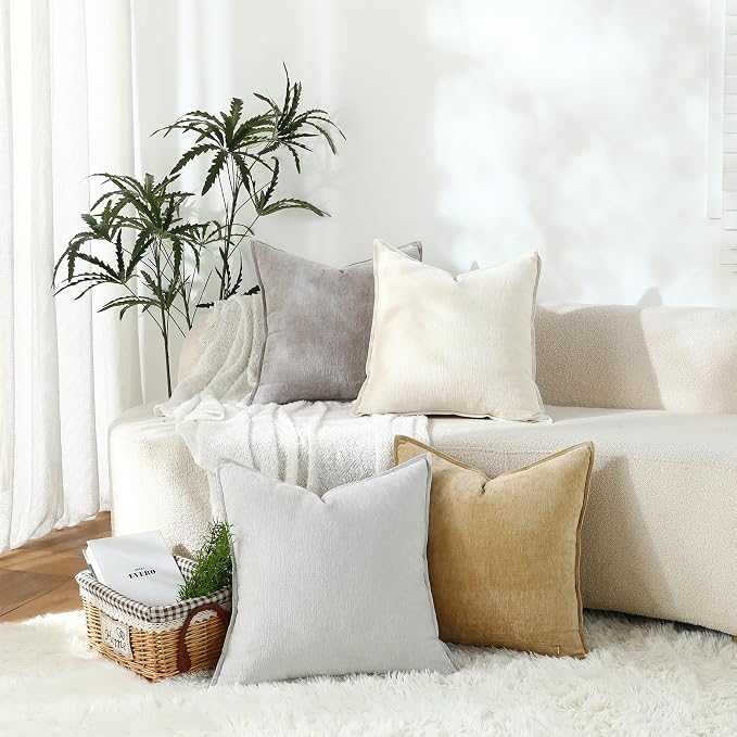 Stellhome Pack of 2 Soft Textured Throw Decorative Pillow Covers Square Accent Solid Chenille Cushion Cover Cozy Farmhouse Pillow Case for Couch Sofa Bedroom Living Room 22x22 Inch, Cream White