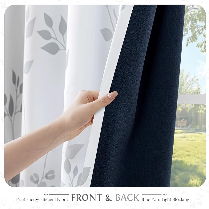 Beauoop Floral 100% Blackout Curtains for Bedroom Grey White 52X54 2 Panels | Flower Patterned Room Darkening Drapes for Living Room 54 Inches Long Thermal Insulated Soundproof Window treatment Grommet