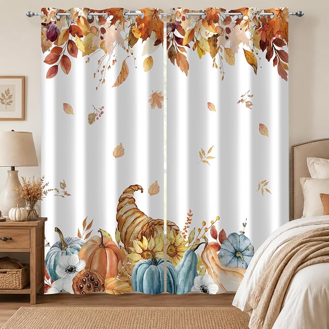 Harvest Pumpkin Window Curtains 52 x 63 in, Watercolor Fall Drapes with Cornucopia, Autumn Leaves and Blue Pumpkin Farmhouse Decor for Bedroom Living Room