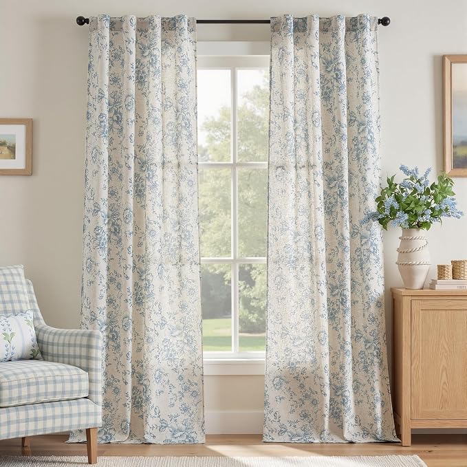 jinchan Blue Floral Linen Curtains 96 Inch Farmhouse Back Tab 2 Panels | Light filtering drapes, semi sheer, farmhouse, cottagecore, rustic, living room, bedroom, rod pocket, window treatment