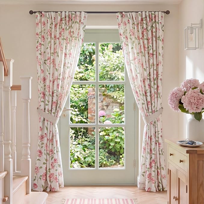 jinchan Pink Floral Linen Curtains 96 Inch Cottagecore Back Tab 2 Panels | Light filtering drapes, semi sheer, farmhouse, watercolor, romantic, living room, bedroom, rod pocket, window treatment