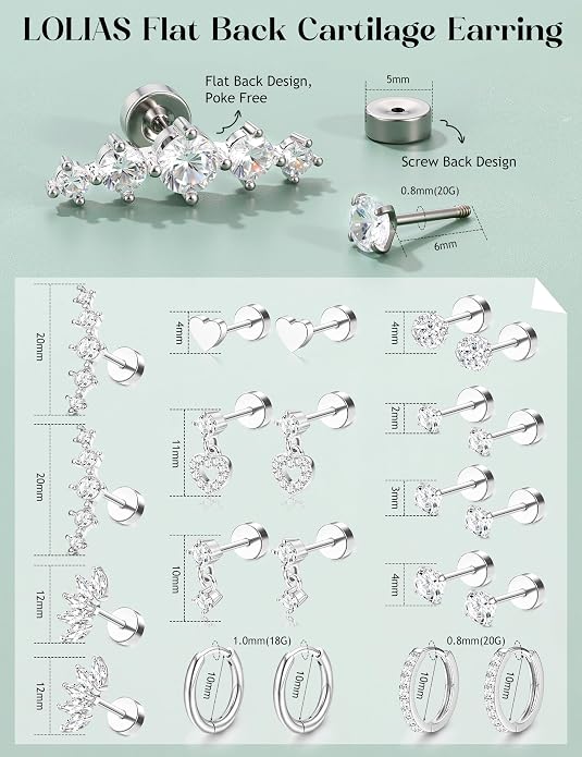 LOLIAS Hypoallergenic Flat Back Earrings for Women Cartilage Earrings Stacks-20G Surgical Stainless Steel Flatback Stud Hoop Earring Set Daith Conch Tragus Helix Piercing Jewelry