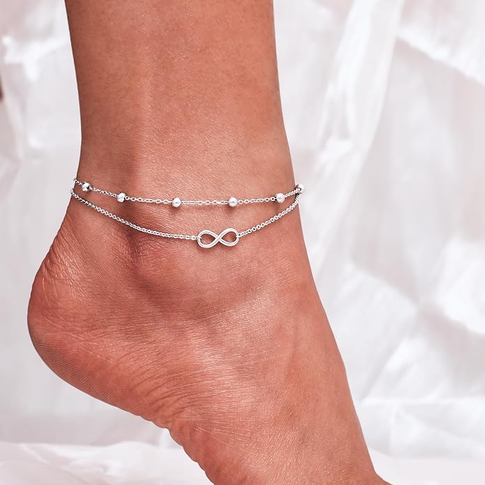 CHIC & ARTSY 925 Sterling Silver Ankle Bracelets for Women, Adjustable Layered Foot Chains with Nature & Symbol Charms, Lightweight Comfort Fit Boho Beach Everyday Jewelry