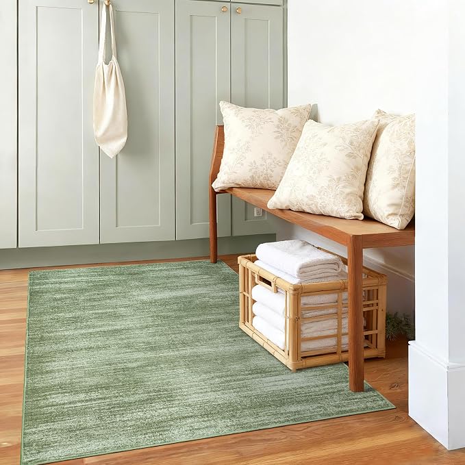 Abstract Dark Green Rugs Washable Low Pile Soft 3 x 5 Area Rug for Bedroom | Hunter Green Floor Carpet, Modern Aesthetic Neutral, for Kitchen Entryway Bathroom, with Non Slip Foldable Rubber Backing