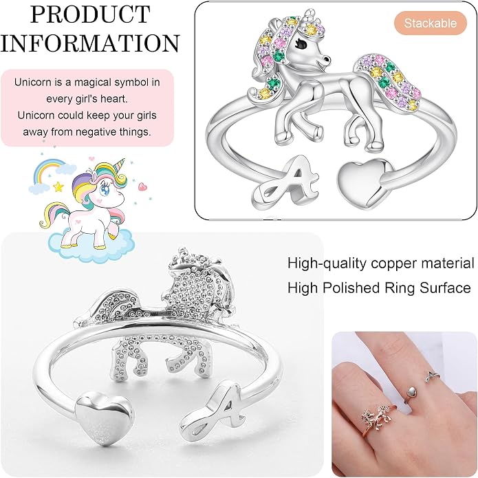 Unicorn Initial Rings for Teen Girls, Rose Gold/White Gold Plated Heart Initial Rings for Girls Adjustable Stackable Rings for Women Diny Heart Ring for Teen Girls Gifts Unicorns Gifts for Girls