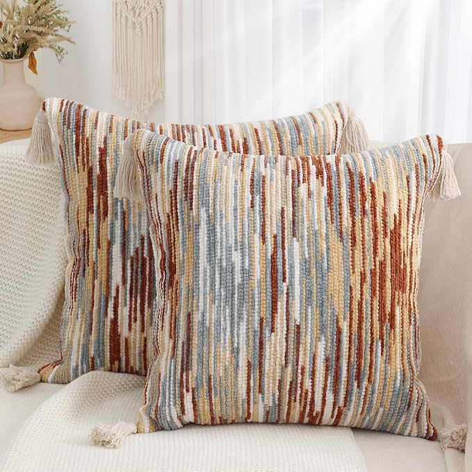 Simmore Fall Boho Decorative Rust Throw Pillow Covers 18X18 Set of 2 | Tufted Accent Modern Farmhouse Neutral Pillow Covers with Tassels for Cozy Bohemian Couch Sofa Bedroom Home Decor