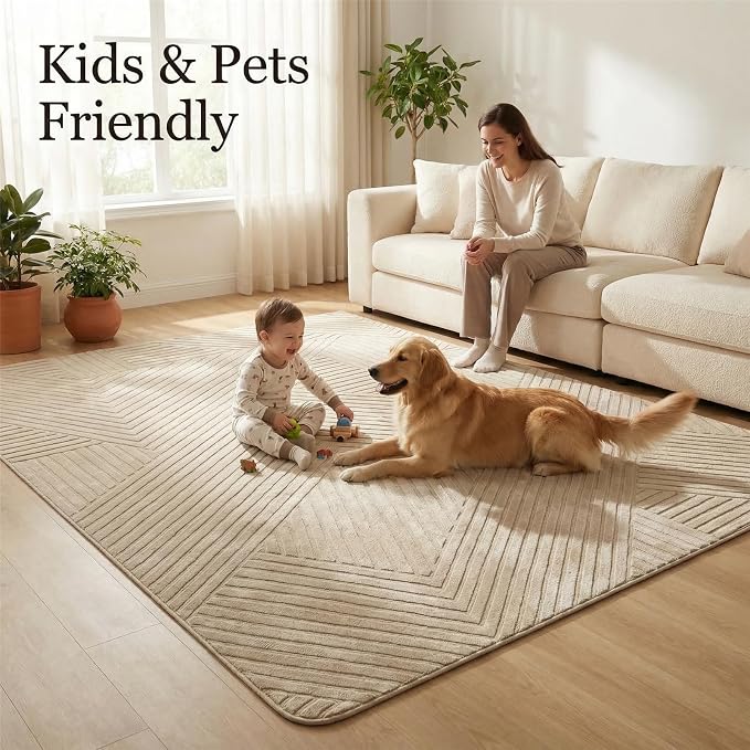 5x7 Solid Color Area Rugs, Brown Modern Geometric Rug, Living Room Rug, Durable Non-Slip Soft High-Low Pile, Fluffy Floor Rugs for Bedroom, Kids Room, Nursery, Home Décor, Light Brown