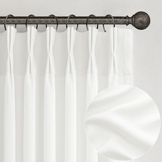 PleatedDrapes Pure White Semi Sheer Curtains 100 Inches Long for Kids Room, Pinch Pleat Neutral Thick Linen Privacy Curtain Light Filtering with Back Tab 8-1/3FT Length Dining Room Drapes 2 Panels Set