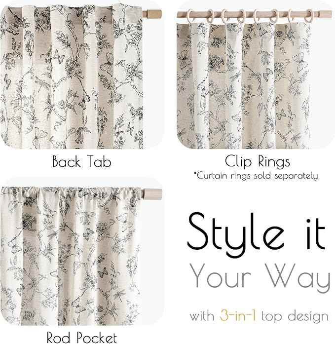 Lazzzy Charlotte Linen Farmhouse Curtains Black Floral Curtains 63 Inch Length Back Tab Drapes for Living Room Bedroom Light Filtering Country Vintage Rod Pocket Curtain, 2 Panels, Black on Beige