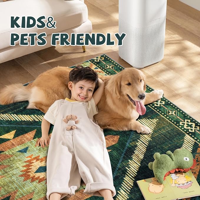 9x12Ft Boho Washable Area Rugs, Large Living Room Area Rug Non Slip, Low Pile Green Moroccan Bedroom Carpets, Non Shedding Soft Floor Carpet for Dining Room Nursery Home Office