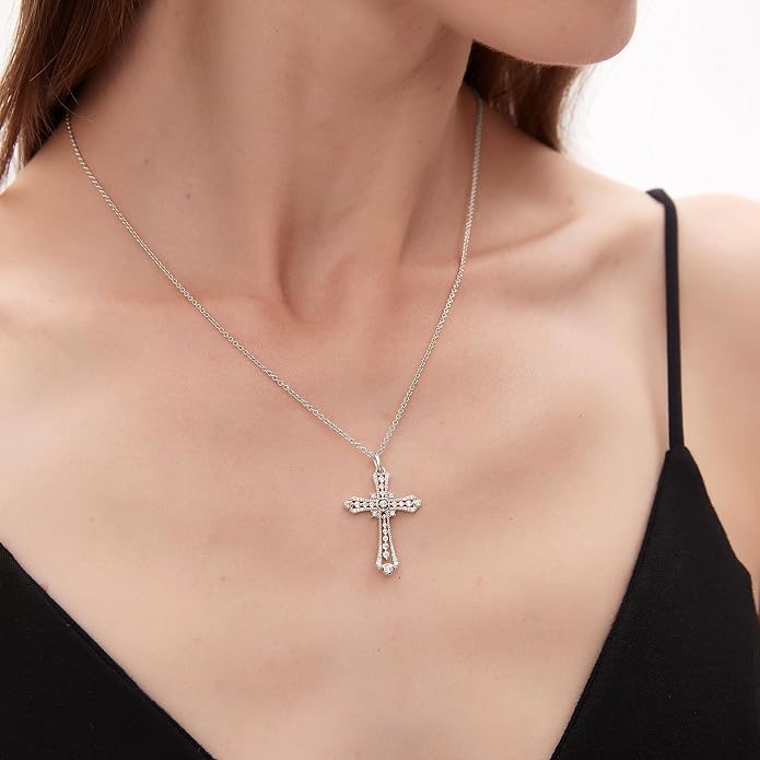 E Religious Gifts for Women, Cross Necklace 925 Sterling Silver Crucifix Pendant Necklace, Christian Jewelry Gifts for Her Women Wife Girlfriend Mom