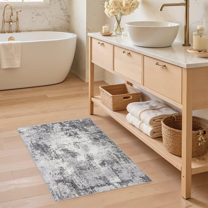 Washable Rug 2x3 Area Rugs for Entryway: Modern Abstract Neutral Soft Indoor Carpet for Front Door Kitchen Bathroom Bedroom Laundryroom - Grey