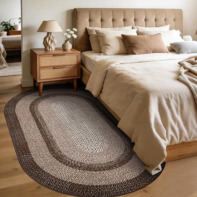 5x8 Oval Living Room Area Rug Washable Modern Border Bedroom Bedside Area Rugs Non Slip Low Pile Dining Room Oval Throw Carpet Contemporary Rugs for Living Room Kitchen Nursery, Brown