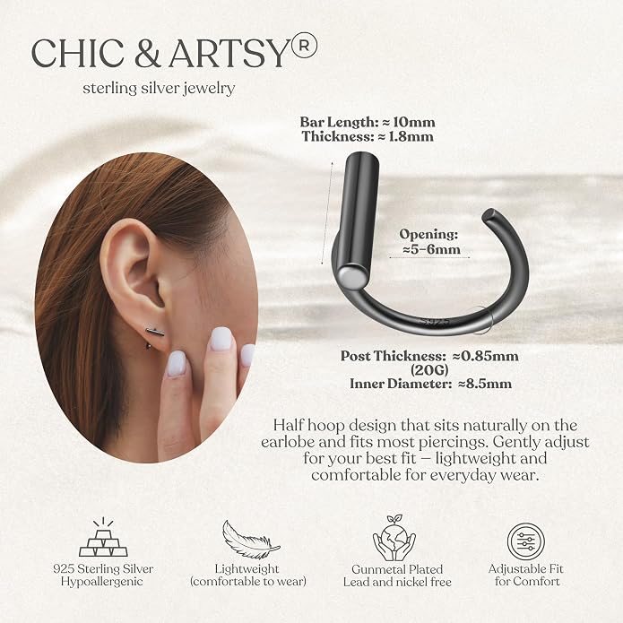 CHIC & ARTSY 925 Sterling Silver Half Hoop Earrings for Women, Small Huggie Hoops Set with Ball Bar Star Moon Cross & Pearl, Lightweight Comfort Fit Everyday & Sleep Earrings
