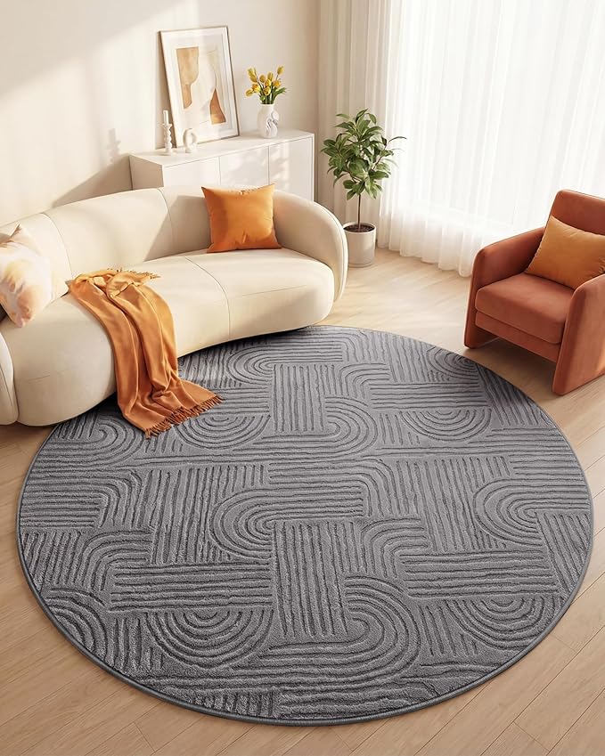 Carvapet 5.2' Round Rug Grey Washable High Low Pile Area Rug Soft Plush Carpet for Living Room Bedroom Non Slip Indoor Floor Rug for Home Kids Nursery Decor