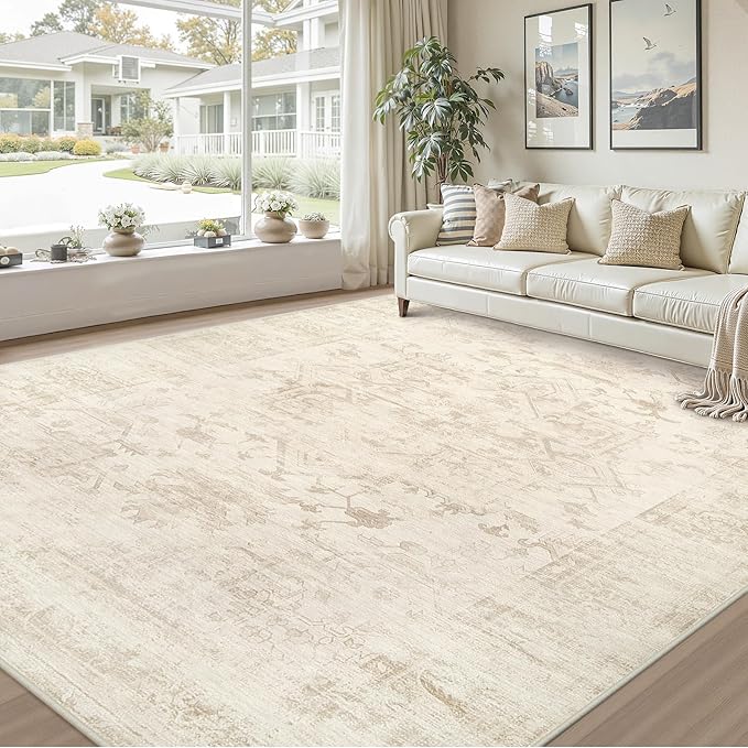 10x12 Area Rug for Living Room: Vintage Boho Neutral Washable Rug Indoor Soft Large Area Rug Carpet for Bedroom Nursery Farmhouse Dining Room Office Floor Non-Slip Low Pile Under Table Rug Beige/Brown