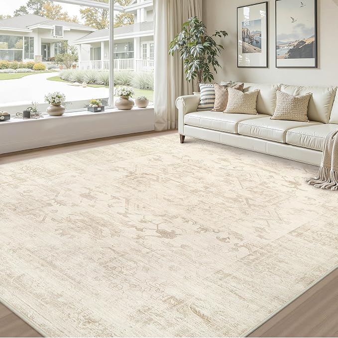 8x10 Area Rugs for Living Room: Vintage Boho Neutral Washable Rug Indoor Soft Large Area Rug Carpet for Bedroom Nursery Farmhouse Dining Room Office Floor Non-Slip Low Pile Under Table Rug Beige/Brown