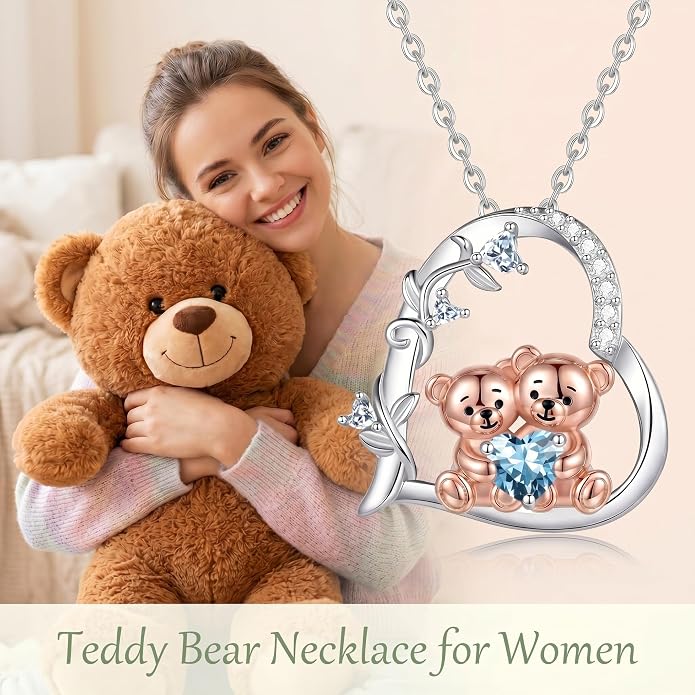 PELOVNY Teddy Bear Necklace for Women 925 Sterling Silver Bear/Highland Cow/Fox/Cat/Axolotl Birthstone Necklace Christmas Birthday Jewelry Gifts for Mom Daughter Wife Sister