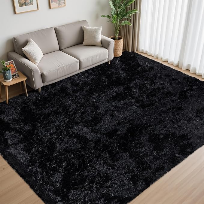 5x8 Area Rug for Living Room:Ultra Soft Fluffy Shag Black Rugs,Large Fuzzy Plush Indoor Non Slip Carpet Washable Rug for Bedroom Kids Nursery Office Dorm Modern Decor(Black 5'x8')
