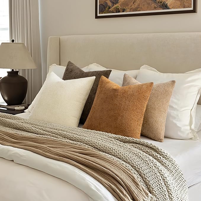 MIULEE Pack of 4 Brown Couch Throw Pillow Covers 24x24 Inch Soft Decorative Chenille Pillows Farmhouse Accent Cushions for Boho Fall Home Decor Sofa Bedroom Living Room