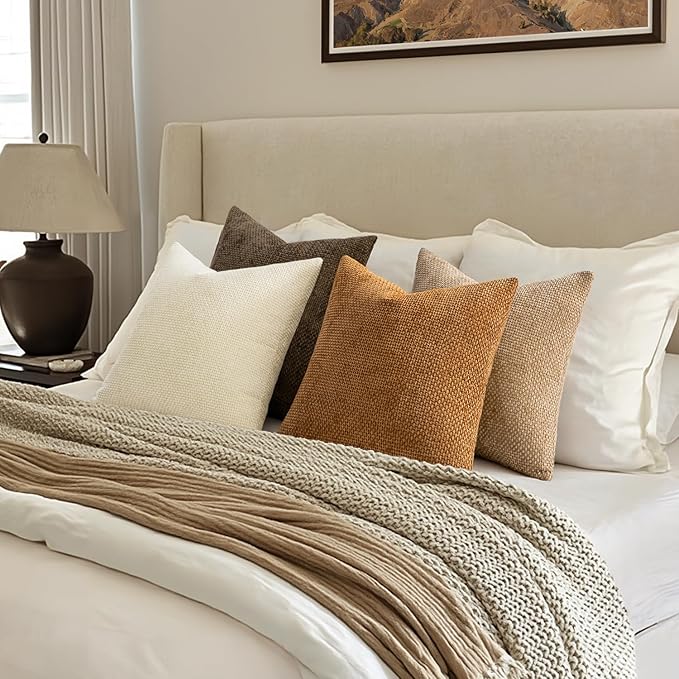 MIULEE Pack of 4 Brown Couch Throw Pillow Covers 18x18 Inch Soft Decorative Chenille Pillows Farmhouse Accent Cushions for Boho Fall Home Decor Sofa Bedroom Living Room