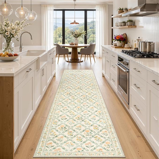 Runner Rug for Entryway: 3x10 Kitchen Rugs Non Slip Washable Ultra-Thin Soft Floral Carpet Indoor Floor Stain Resistant Carpets for Hallway Bedroom Kitchen Laundry Bathroom Dorm Beige/Multi