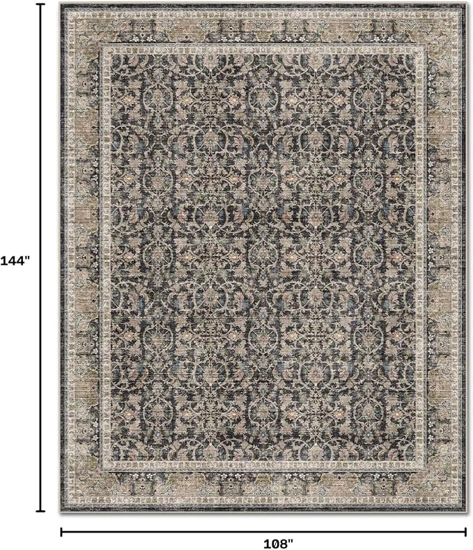 Boho Washable 9x12 Area Rugs for Living Room, Cushioned, Black/Navy Blue | Vintage Non-slip Neutral Oriental Rugs for Bedroom Dining Room Nursery Office High Traffic Area