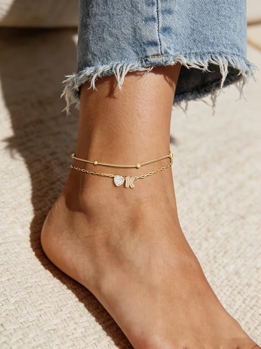 Bestyle Initial Anklet Bracelets for Women Waterproof Non Tarnish 14K Gold/White Gold Plated CZ Anklets for Women Dainty Layered Letter Heart Ankle Bracelets Adjustable Foot Chain Anklet