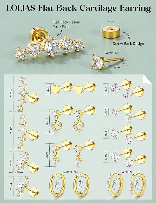 LOLIAS Hypoallergenic Flat Back Earrings for Women Cartilage Earrings Stacks-20G Surgical Stainless Steel Flatback Stud Hoop Earring Set Daith Conch Tragus Helix Piercing Jewelry
