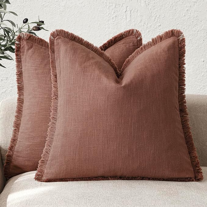 Foindtower Set of 2 Decorative Linen Fringe Throw Pillow Covers Boho Farmhouse Cushion Cover with Tassels Soft Accent Pillowcase for Couch Chair Sofa Bed Living Room Home Decor,24×24 Inch,Rust Red