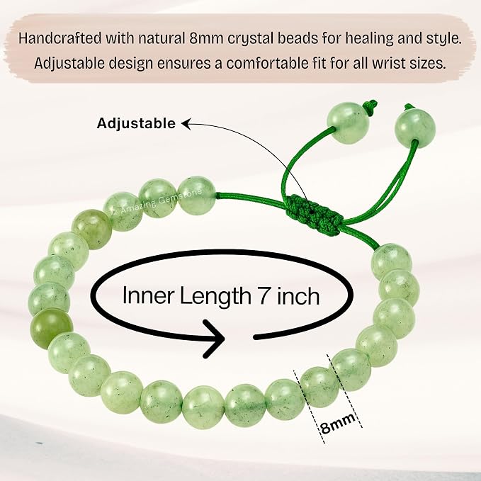 Amazing Gemstone Prehnite Bracelet, Gifts for Men & Women - Protection Healing Crystal Bracelet - 8mm Gemstone Beaded Adjustable Bracelet, Pulseras para Hombres Mujer Stocking Stuffers