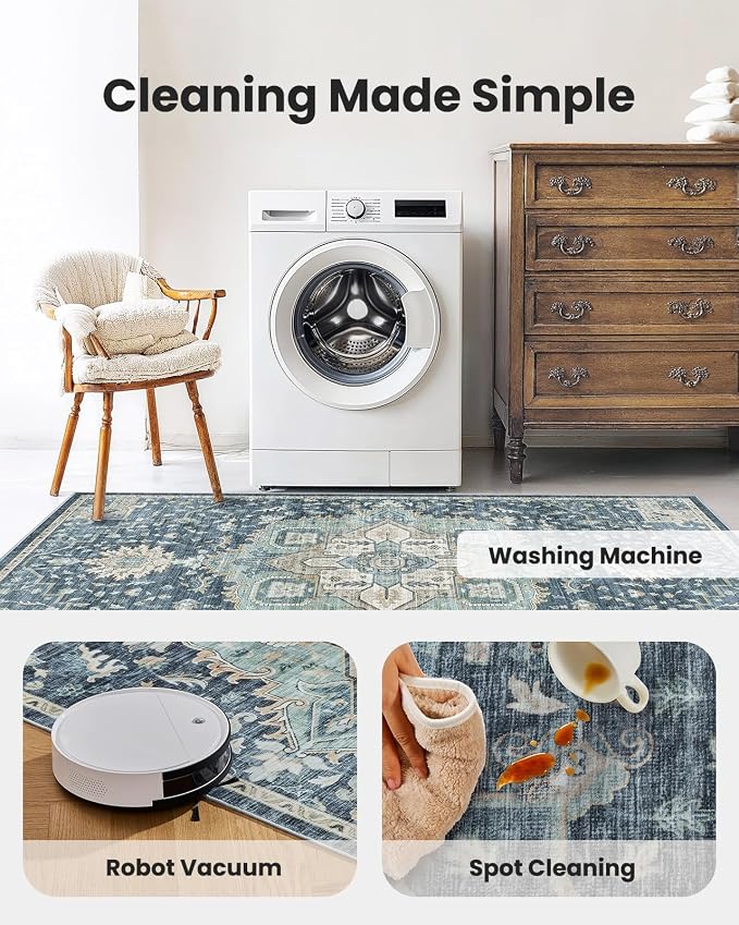 AMADA HOMEFURNISHING 2x6 Washable Runner Rug, Low-Profile Kitchen Rugs with Non-Slip Backing & Durable Edge Binding, Vintage Entryway Runner Rug for Bedroom & Hallway