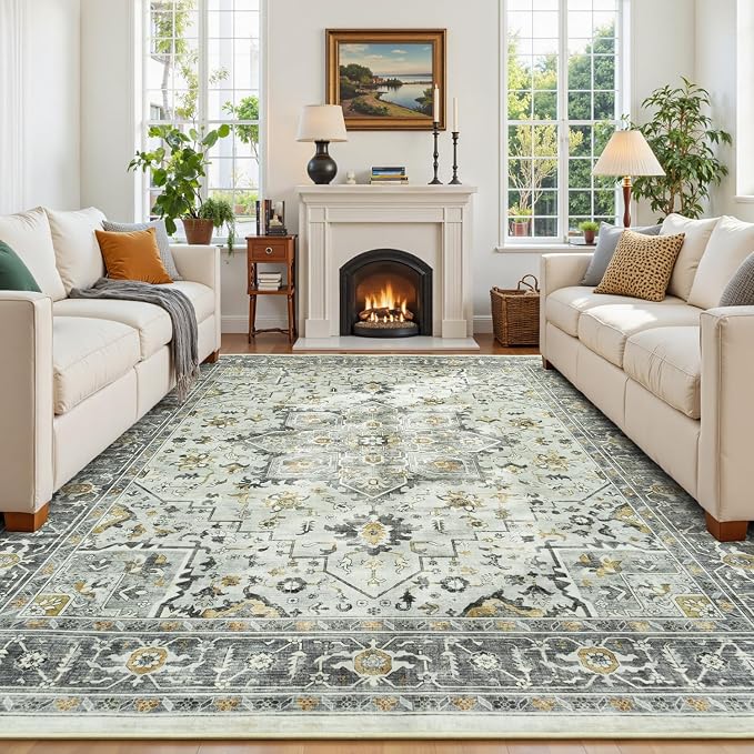 Earthy Taupe Vintage 8x10 Living Room Rug - Light Grey Distressed Boho Aesthetic Geometric Decor Carpet, Washable Low Pile Non-Slip Extra Large Area Rugs for Dining Under Table Bedroom Lounge