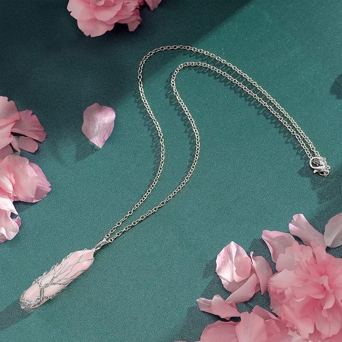 VIBILIA Healing Crystal Necklace Tree of Life Wire Wrapped Natural Stone Point Pendant Necklace Hexagonal Reiki Spiritual Quartz Gemstone Jewelry for Women Men