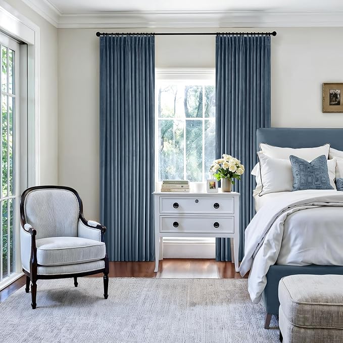 MIULEE Stone Blue Velvet Curtains 90 inches Long, Pinch Pleated Blackout Drapes with Hooks, Thermal Insulated Pinch Pleat Panels for Bedroom Living Room, 2 Panels
