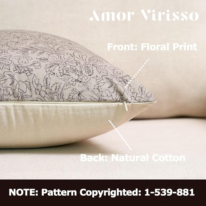 Amor Virisso Floral Throw Pillow Covers 20x20 Set of 2 Vintage Block Print Pillow Covers Decorative Pillow Covers Couch Pillows for Living Room Farmhouse Accent Sofa Pillows, Black/Sand