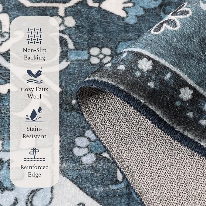 Rugflix 3x5 Area Rugs Machine Washable, Dark Navy Blue Carpet for Entryway, Oriental Indoor Area Rug Low Pile, Small Soft Thick Carpets Non Slip, Farmhouse Vintage Rug for Kitchen Laundry Room