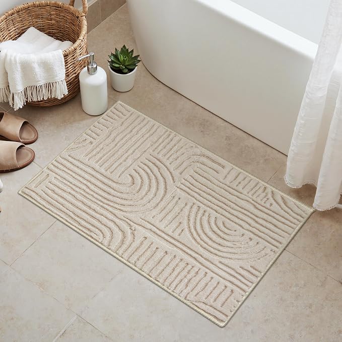 GENIMO Soft 2x3 Washable Entryway Rug Non Slip, 3D Modern Arch Pattern Door Mat, High-Low Pile Textured Non Slip Fuzzy Carpet, Non-Shedding Stain Resistant Beige Rugs for Bathroom Kitchen Entrance