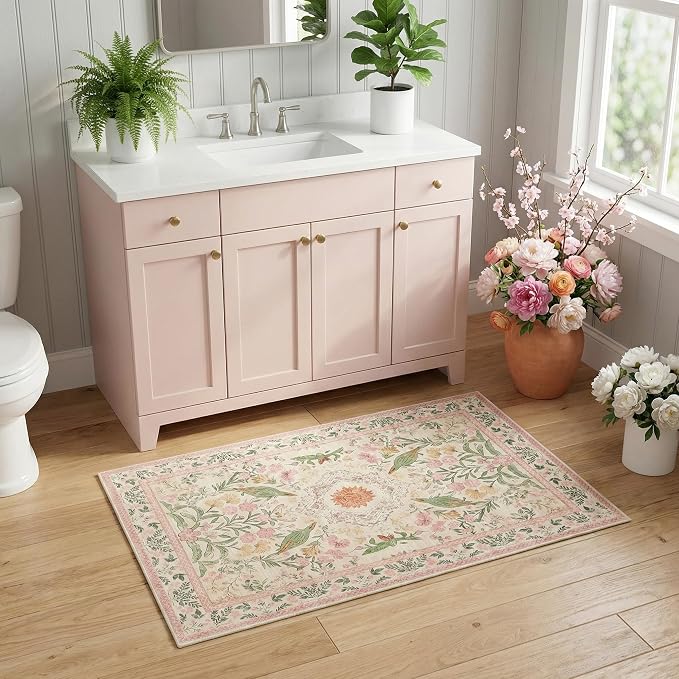 2'x3' Boho Small Area Rug, Washable Non-Slip Silicone Backing Door Mat, 0.26" Low Pile Faux Wool Foldable Rug for Entryway Bathroom Kitchen Indoor Decor, Garden Pink