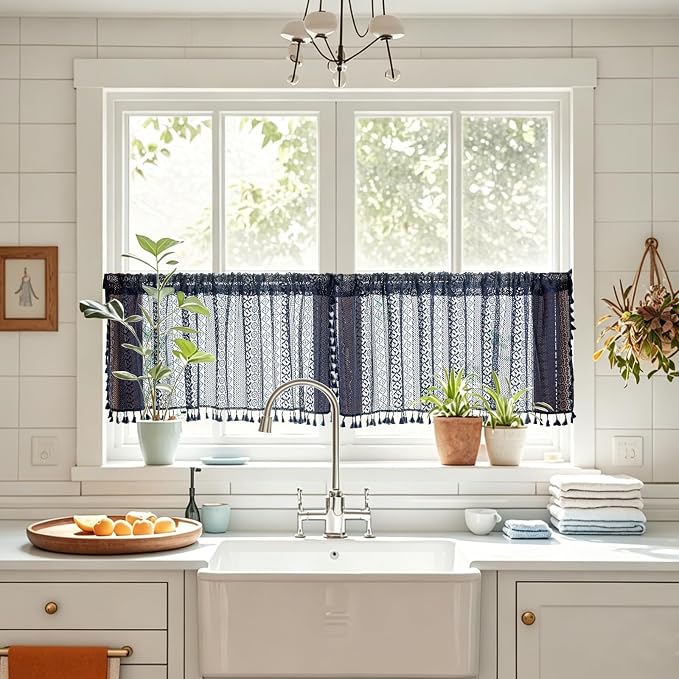 Sutuo Home Navy Blue Boho Curtains Valance 18 Inches Long for Kitchen Cafe, Sheer Lace Short Curtains Bohemian Crochet Privacy Macrame Vintage Tassels Cottagecore Closet Decor Rod Pocket,2 Panels 50"W