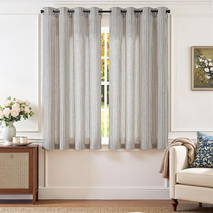 jinchan Linen Curtains 63 Inch Black Stripe on Beige Grommet 2 Panels | Curtains for Living Room Bedroom,Ticking Stripe Pattern,Farmhouse Cottage Core Rustic, Window Treatment,Light Filtering