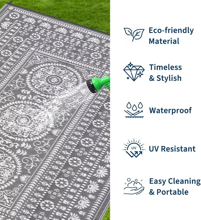 Garvee Reversible Outdoor Rug 9x12 for Patio, Waterproof Outdoor Area Rug, Modern Medallion Indoor Outdoor Rugs, Plastic Straw Rug for RV, Camping, Deck, Vintage Grey