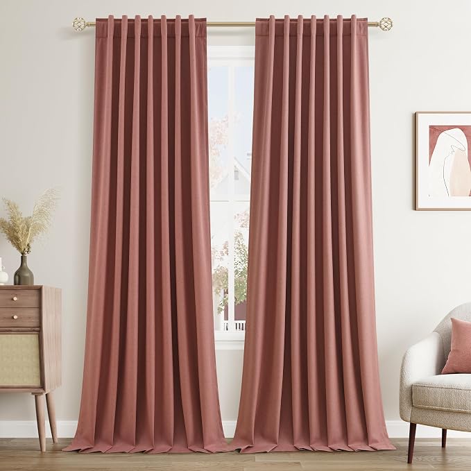 Dusty Rose 100% Blackout Linen Curtains 102 Inch Length 2 Panels Set for Girls Bedroom Back Tab Thermal Insulated Black Out Drapes Room Darkening Farmhouse Style for Bedroom Window Curtains 52x102